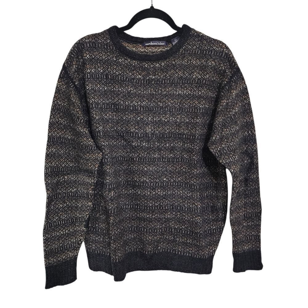 Vintage Mens Northern Isles Sweater L Brown & Black Wool Elbow Patch Grandpa